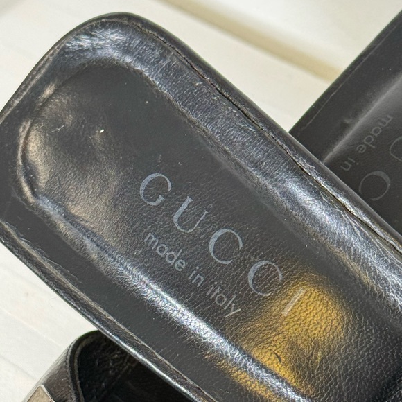 Gucci Black Leather Block Heel Mules Logo Plaque Made In Italy Women’s Size 6B - Picture 2 of 10
